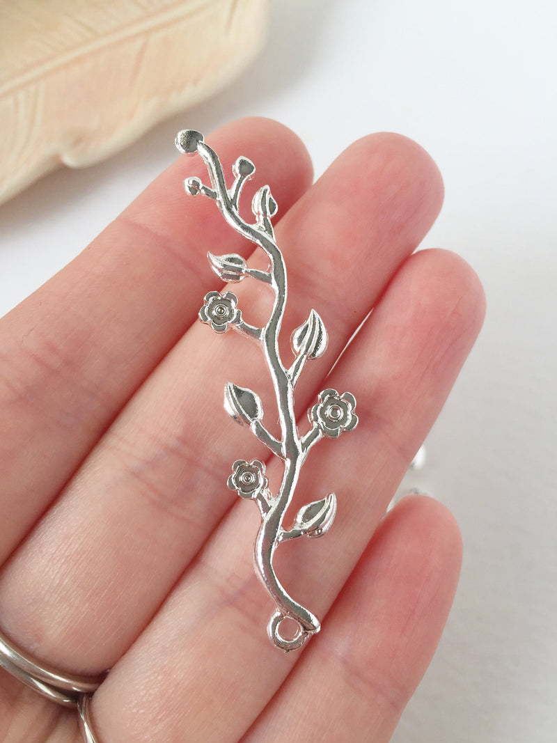 4 x Silver Plated Metal Blooming Branch Embellishment Pendants, 59x16mm