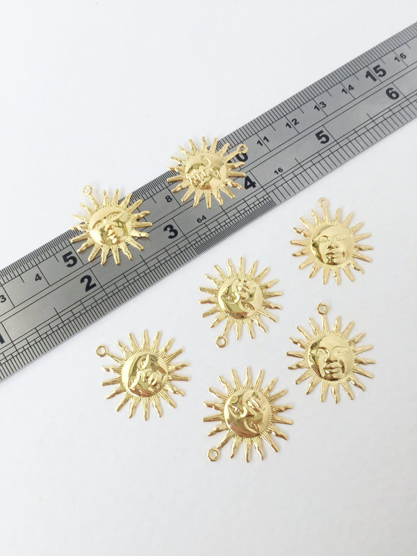 6 x Shiny Gold Plated Sun Pendants, 25x22mm (3360)