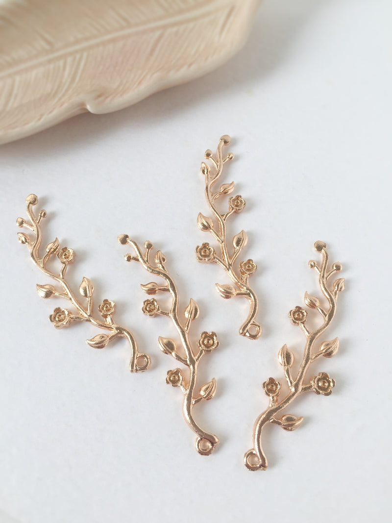 4 x Champagne Gold Leaf and Flower Branch Pendants, 59x16mm