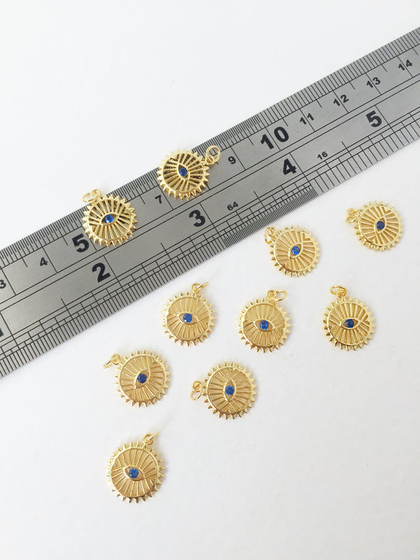 1 x 18K Gold Plated Evil Eye Pendant with Blue Cubic Zirconia Eye Charms, 14x12.5mm (1089)