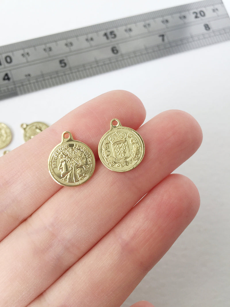 2 x 18K Gold Plated Two-sided French Coin Charms, 15x12mm (1088)