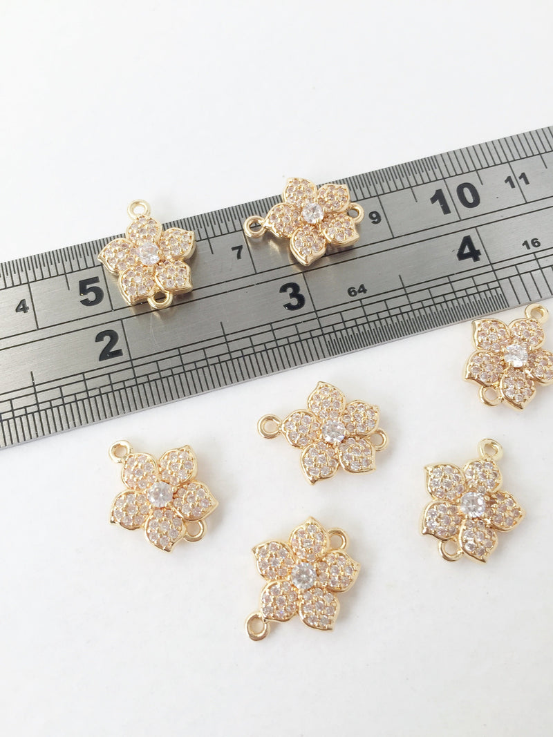 1 x 24K Gold Plated Micro Pave Cubic Zirconia Flower Connector, 19x17mm (0177)