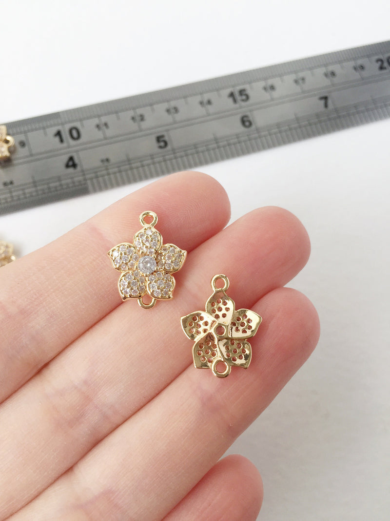 1 x 24K Gold Plated Micro Pave Cubic Zirconia Flower Connector, 19x17mm (0177)