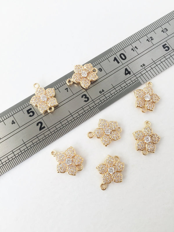 1 x 24K Gold Plated Micro Pave Cubic Zirconia Flower Connector, 19x17mm (0177)