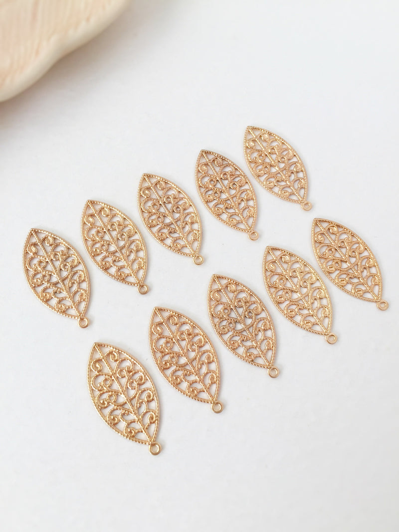 10 x Champagne Gold Filigree Leaf Charms, 27x13mm