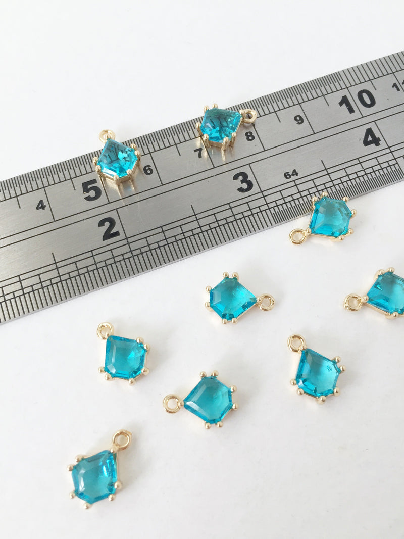 2 x 24K Gold Plated Sky Blue Glass Charms, 12x8.5mm Gold Crystal Pendants (1145)