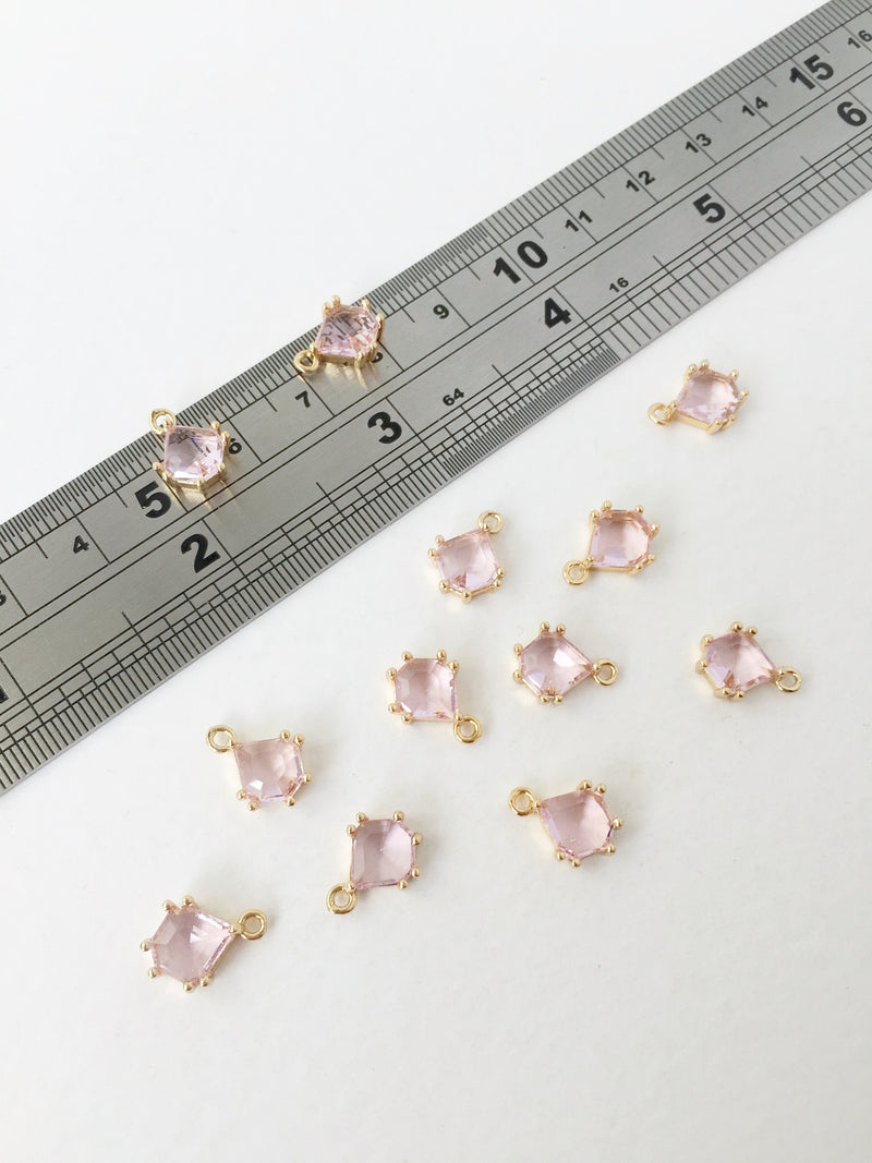 2 x 24K Gold Plated Pink Glass Charms, 12x8.5mm Gold Crystal Pendants (1143)