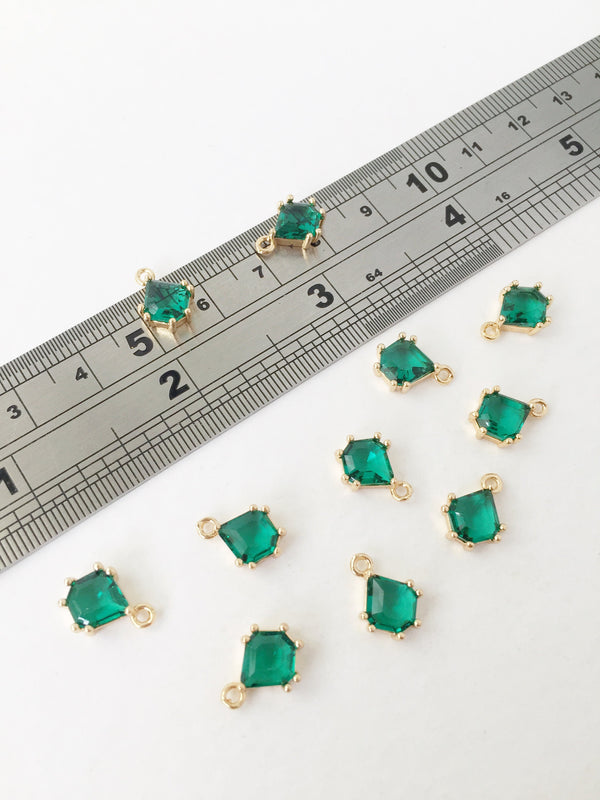 2 x 24K Gold Plated Emerald Green Glass Charms, 12x8.5mm Gold Crystal Pendants (1144)