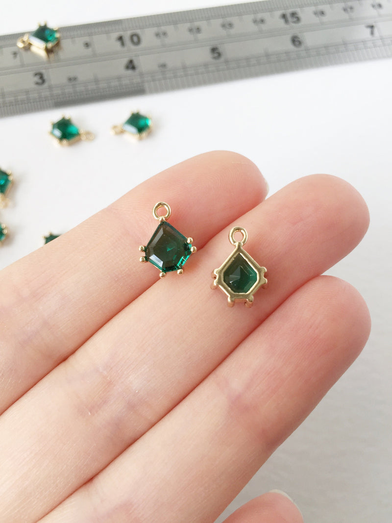 2 x 24K Gold Plated Emerald Green Glass Charms, 12x8.5mm Gold Crystal Pendants (1144)