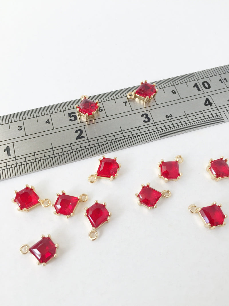 2 x 24K Gold Plated Red Faceted Glass Charms, 12x8.5mm (1141)