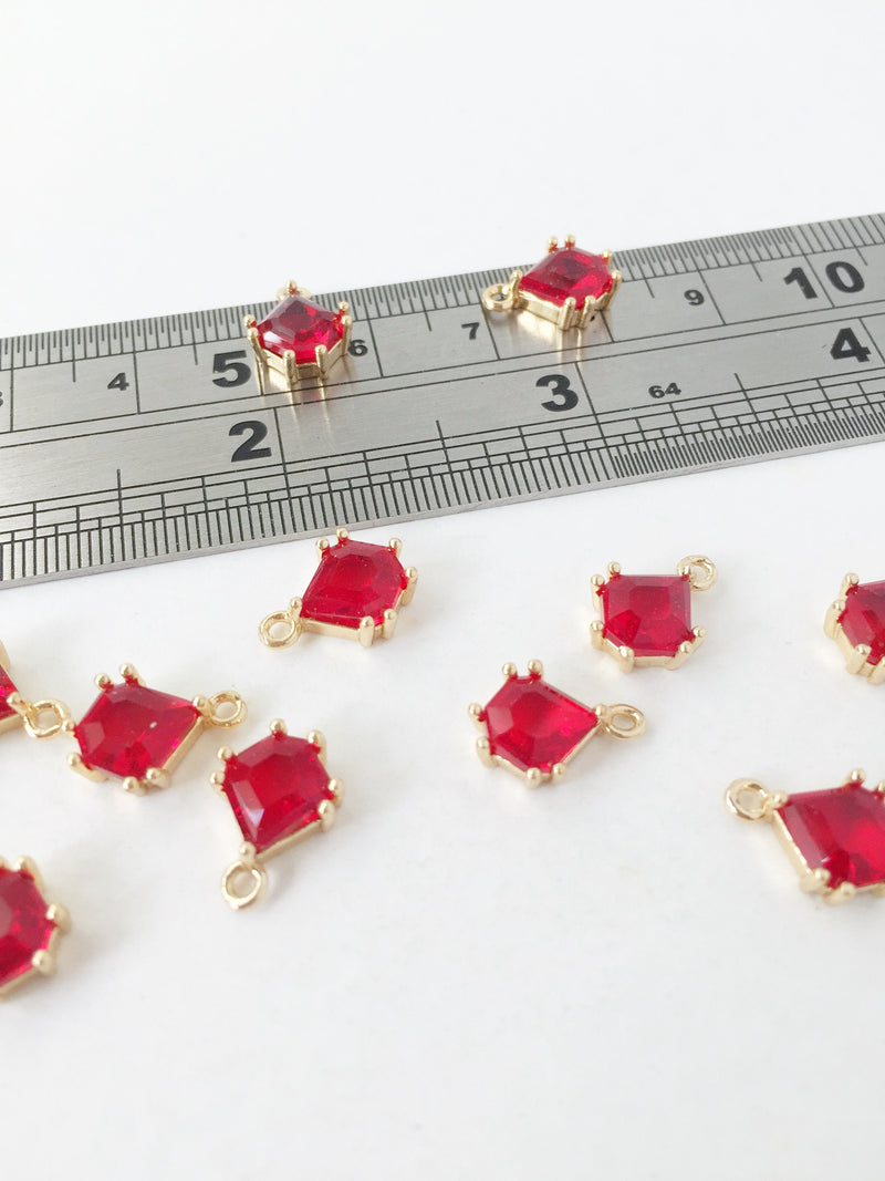 2 x 24K Gold Plated Red Faceted Glass Charms, 12x8.5mm (1141)