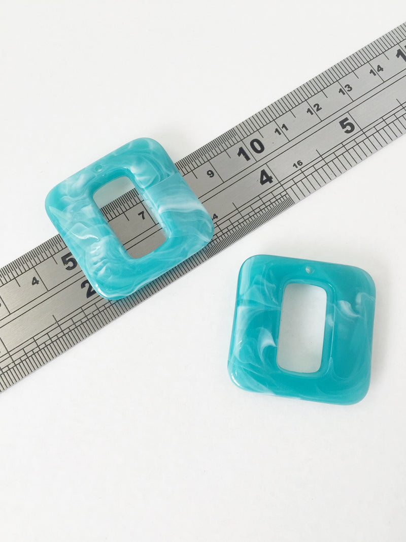 2 x Puffy Square Ocean Blue Acrylic Pendants, 32mm (1538)