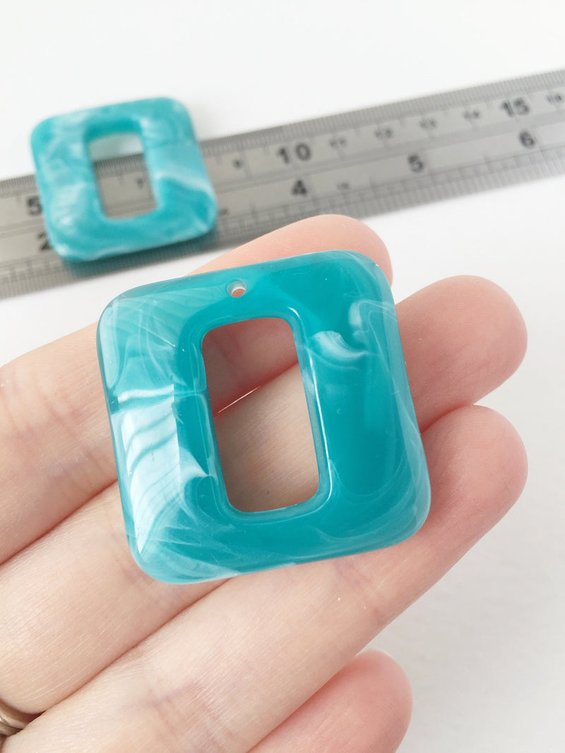 2 x Puffy Square Ocean Blue Acrylic Pendants, 32mm (1538)