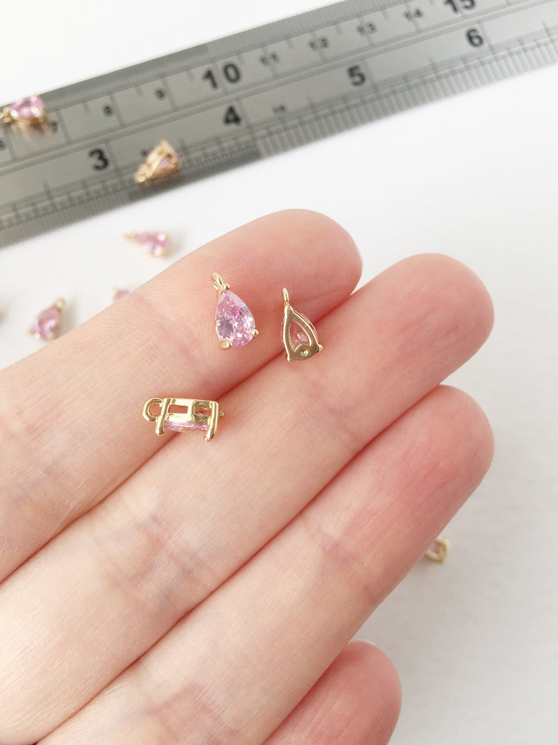 2 x Tiny Gold Plated Pink Cubic Zirconia Teardrop Charms, 8x4mm (1585)