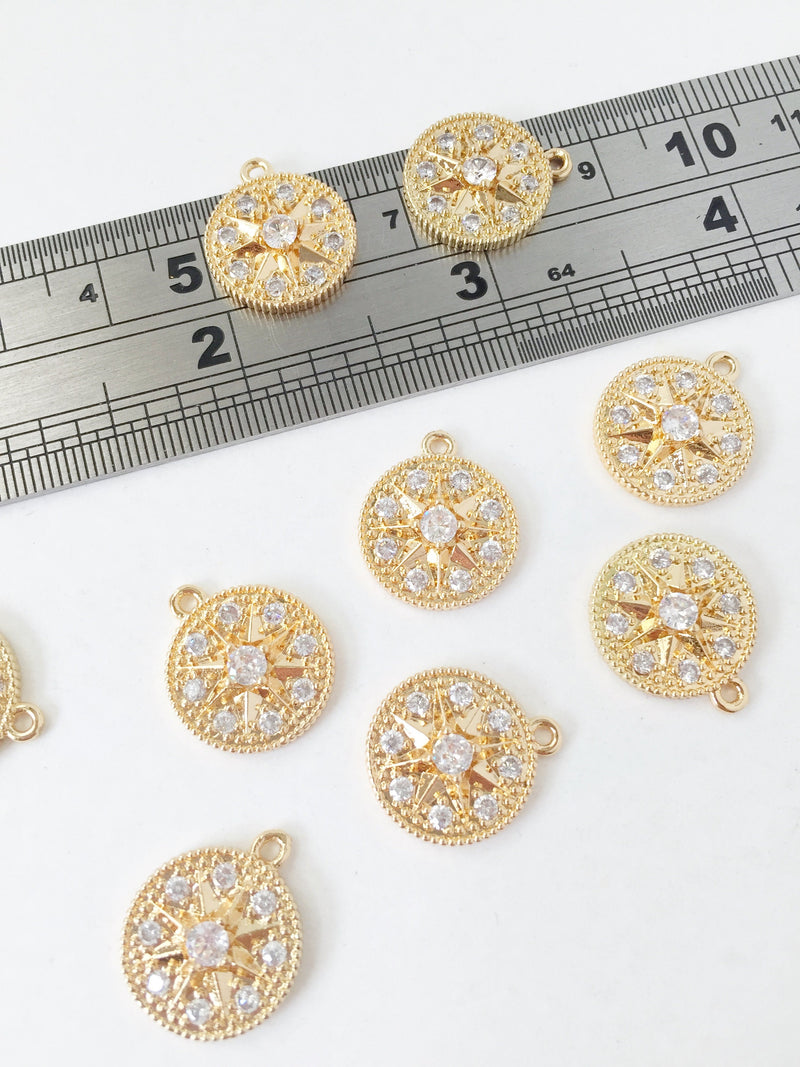 1 x 14K Gold Plated Round Northern Star Charms with Cubic Zirconia, 17x15mm (1587)