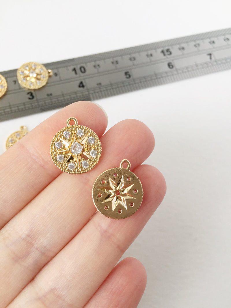 1 x 14K Gold Plated Round Northern Star Charms with Cubic Zirconia, 17x15mm (1587)