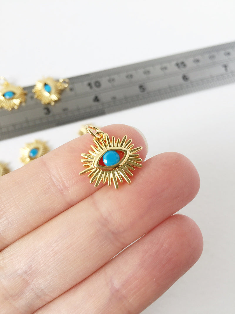 1 x 18K Gold Plated Evil Eye Sun Charm with Turquoise CZ, 16x17mm (1570)