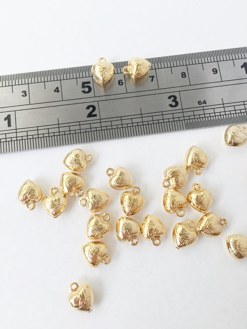 8 x Gold Plated Puffy Embossed Heart Stainless Steel Charms, 9x7mm (1078)