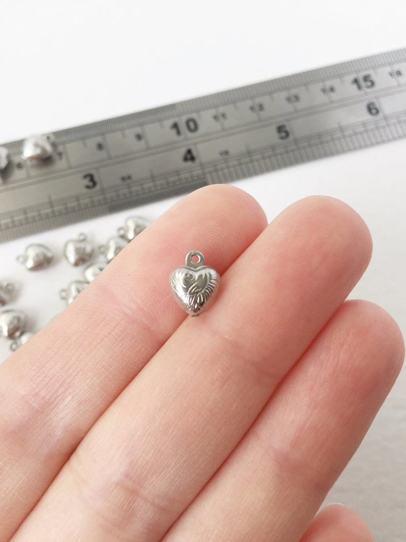 10 x Stainless Steel Embossed Puffy Heart Charms, 9x7mm (1077)