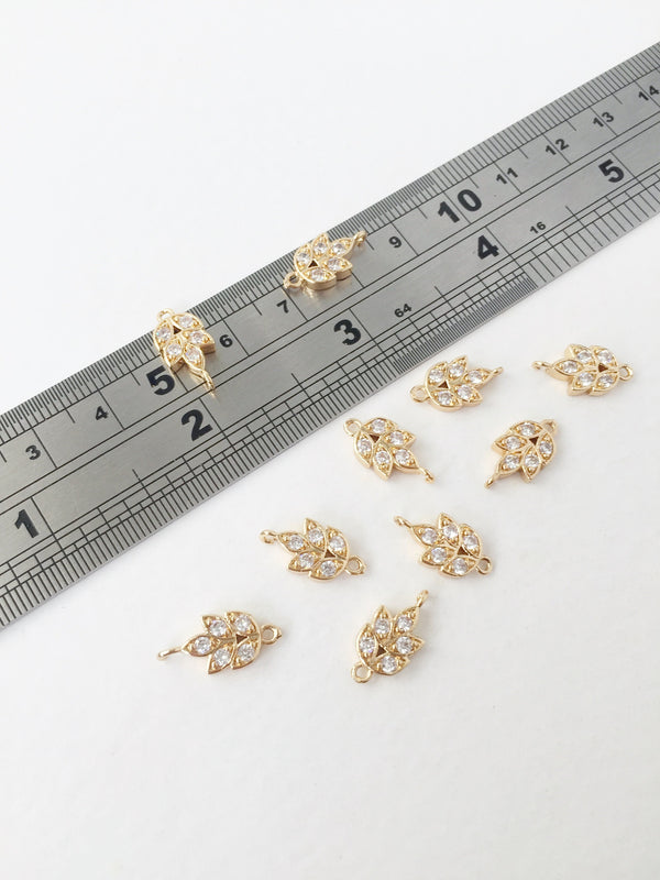 2 x Cubic Zirconia Gold Leaf Connectors Gold Crystal Leaf Links 15x7.5mm (0110)