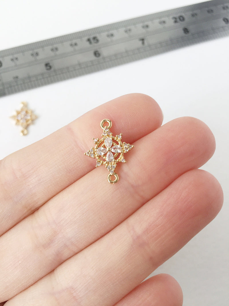 1 x 24K Gold Plated Cubic Zirconia Flower Connector, 17x13mm (0172)