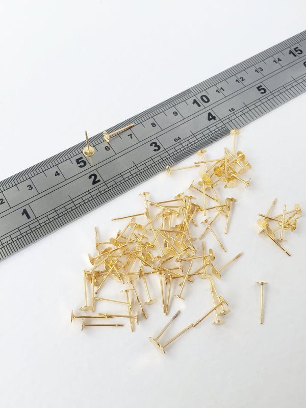 25 pairs x Gold Flat Pad Earring Studs, 4x12mm (1096)