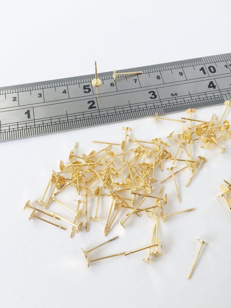 25 pairs x Gold Flat Pad Earring Studs, 4x12mm (1096)