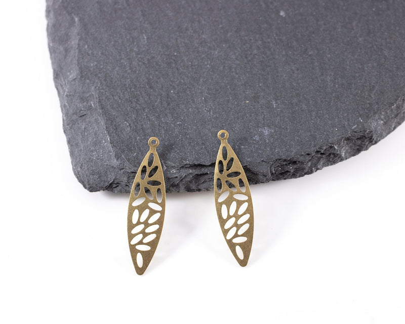 4 x Raw Brass Leaf Drops, 33x9mm (C0441)