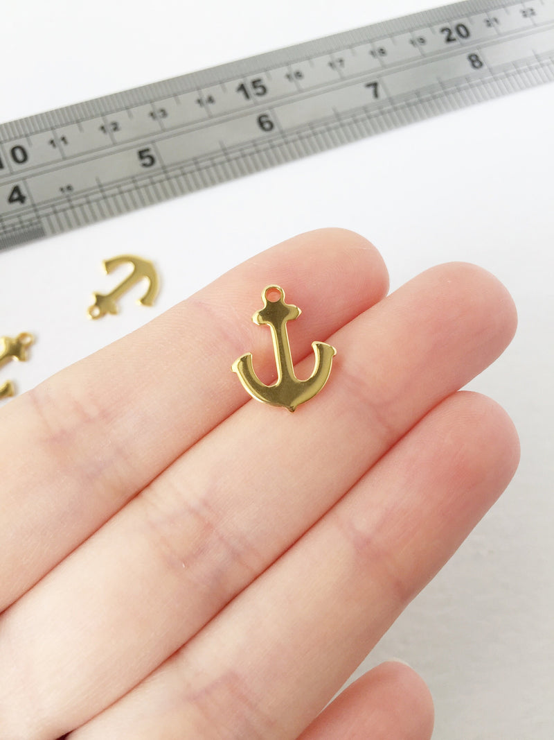 6 x Gold Plated Stainless Steel Anchor Charms, 16x13mm (1158)