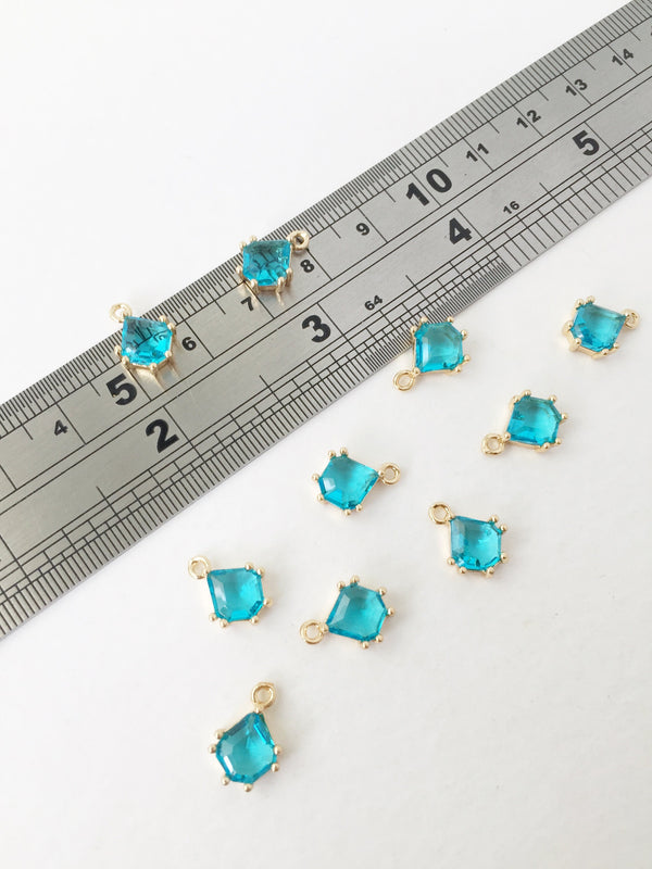 2 x 24K Gold Plated Sky Blue Glass Charms, 12x8.5mm Gold Crystal Pendants (1145)