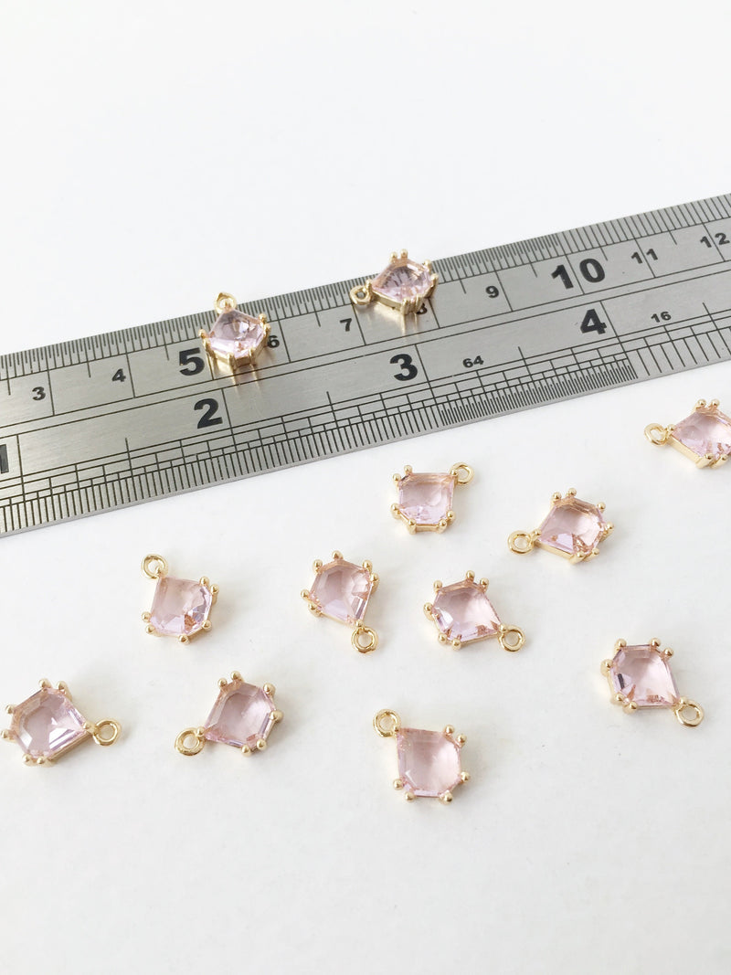 2 x 24K Gold Plated Pink Glass Charms, 12x8.5mm Gold Crystal Pendants (1143)