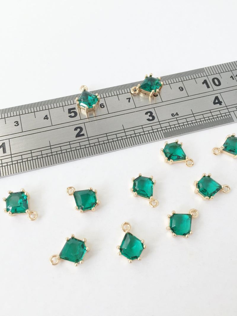 2 x 24K Gold Plated Emerald Green Glass Charms, 12x8.5mm Gold Crystal Pendants (1144)