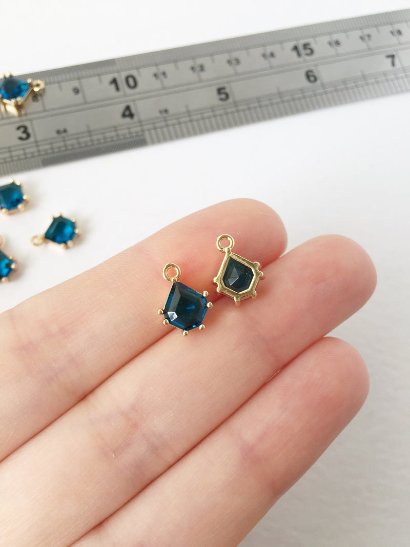 2 x 24K Gold Plated Faceted Glass Charms, London Blue Topaz (1142)