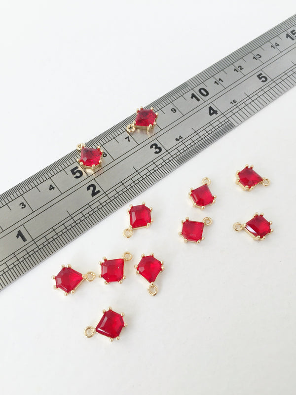 2 x 24K Gold Plated Red Faceted Glass Charms, 12x8.5mm (1141)