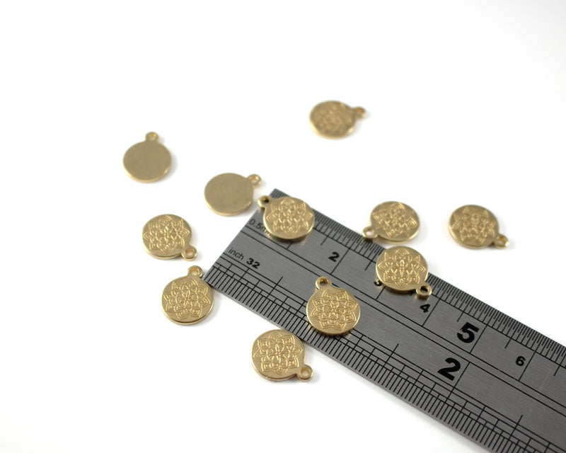 6 x Raw Brass Round Mandala Embossed Pendants, 12x10mm (C0262)