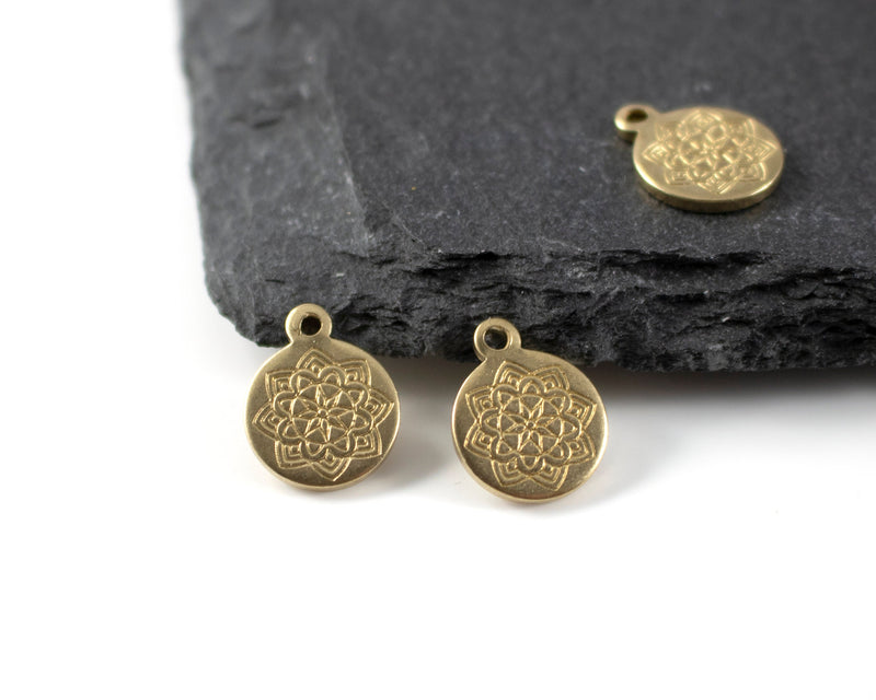 6 x Raw Brass Round Mandala Embossed Pendants, 12x10mm (C0262)