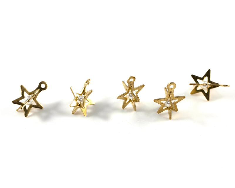 4 x Raw Brass 3D Star Pendants with Pearl, 12x10mm (C0438)