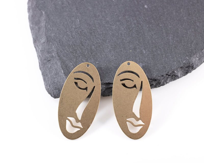 2 x Large Raw Brass Abstract Face Silhouette Pendants, 38x19mm (C0440)