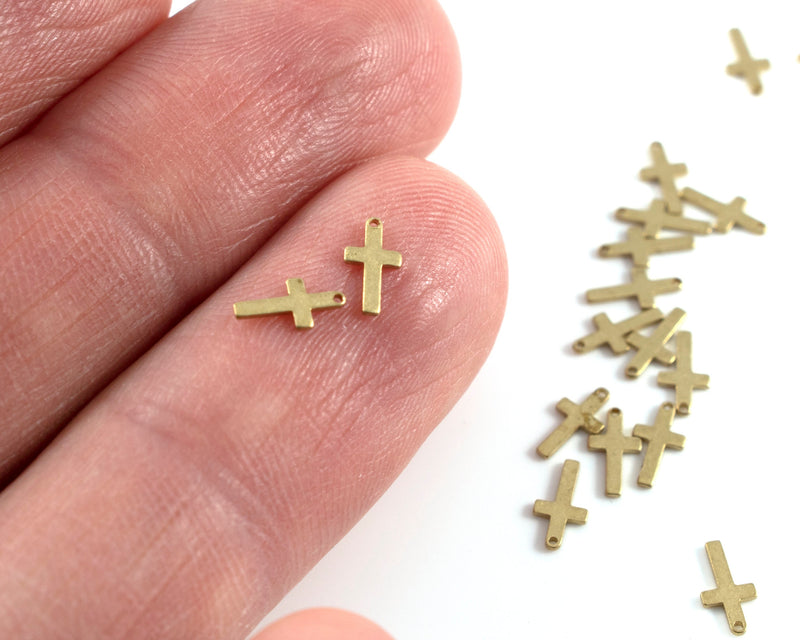 30 x Raw Brass Crucifix Cross Charms, 6.6x3.4mm (C0384)