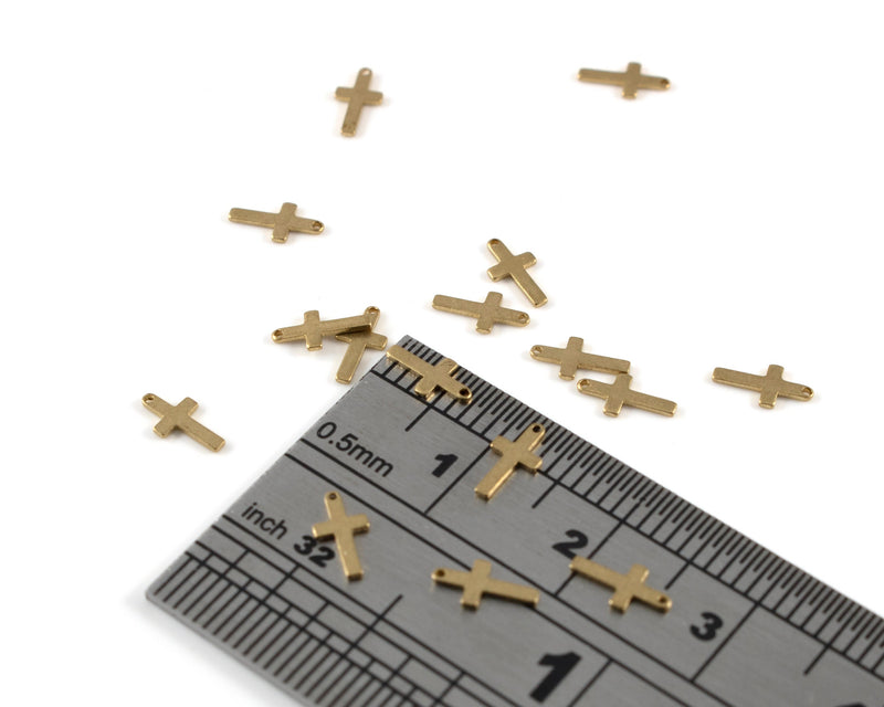 30 x Raw Brass Crucifix Cross Charms, 6.6x3.4mm (C0384)