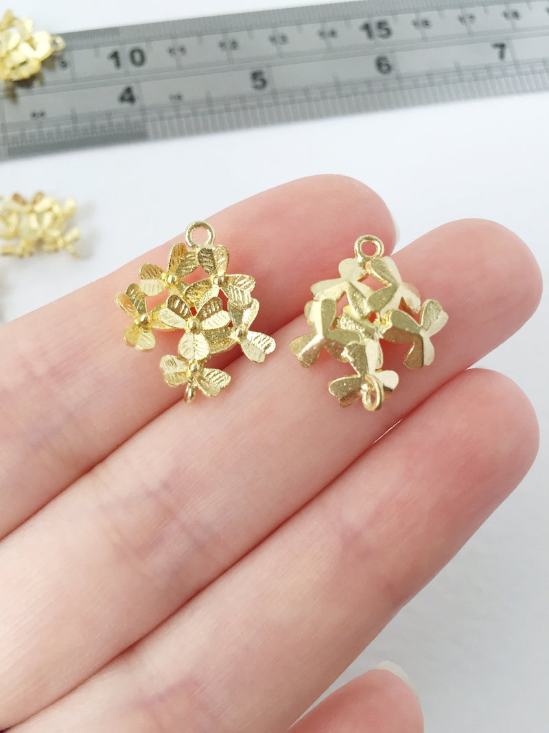 2 x Raw Brass Flower Cluster Connectors, 18.5x16mm 3D Flower Earring Links (1471)