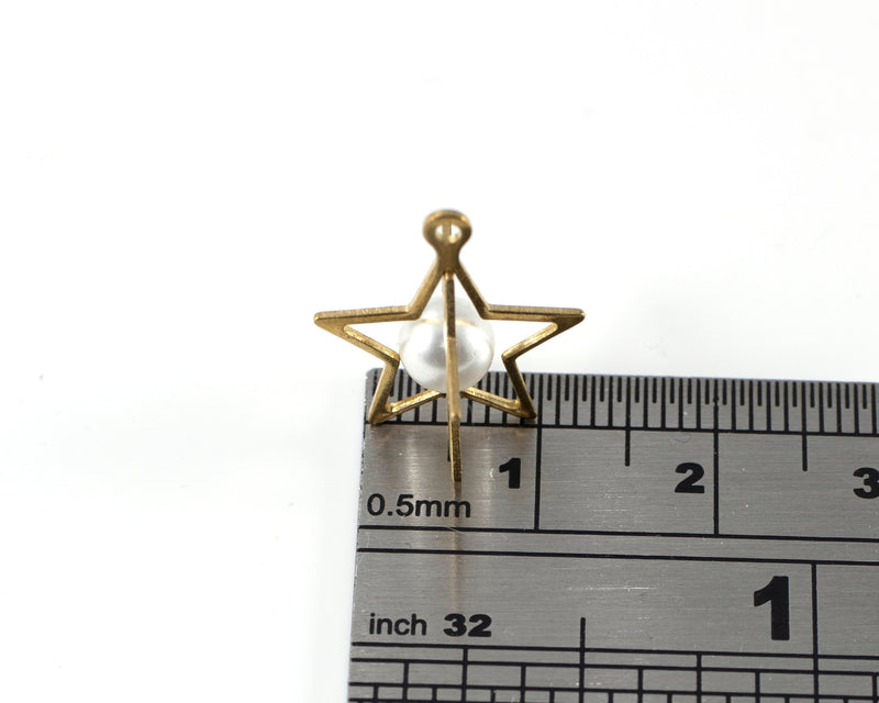 2 x Raw Brass Star Pendants With Pearl, 17x15mm (C0422)