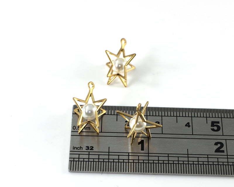 2 x Raw Brass Star Pendants With Pearl, 17x15mm (C0422)