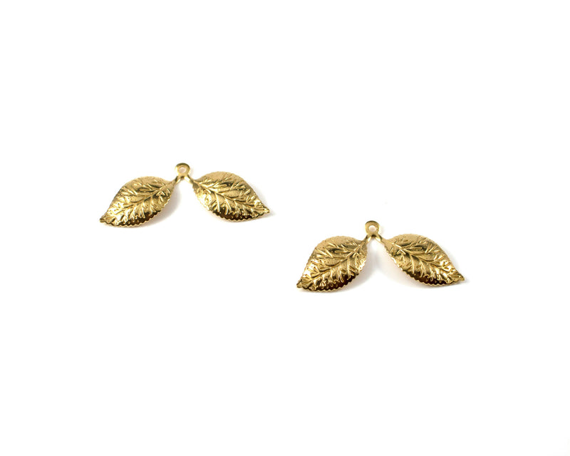 10 x Raw Brass Textured Double Leaf Charms, 31x14mm (C0096)