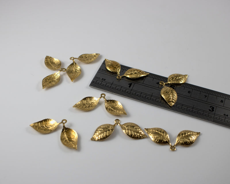 10 x Raw Brass Textured Double Leaf Charms, 31x14mm (C0096)