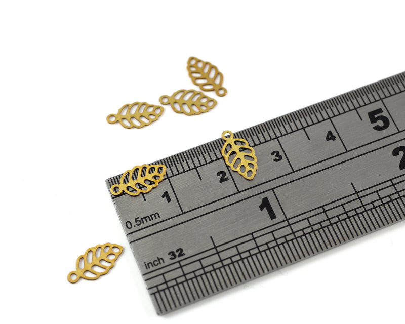 12 x Raw Brass Tiny Leaf Charms, 10x5mm (C0232)