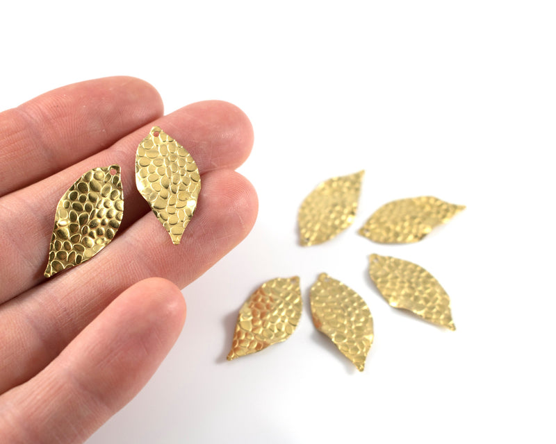 6 x Textured Raw Brass Leaf Pendants, 26x13mm (C0268)