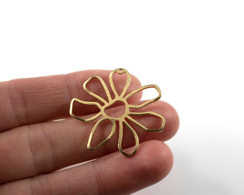 2 x Raw Brass Abstract Flower Pendants, 35mm (3030)