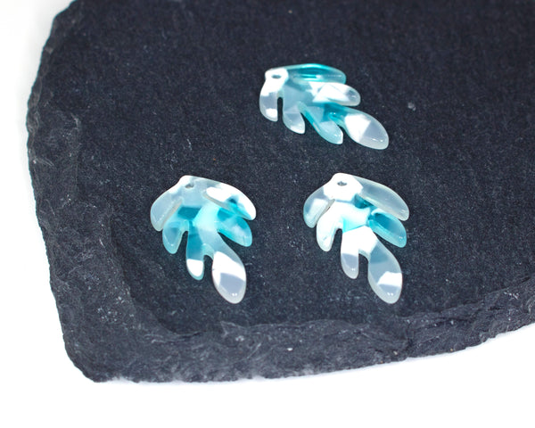 4 x Light Blue and White Acrylic Leaf Charms, 25x16mm (C0574C)