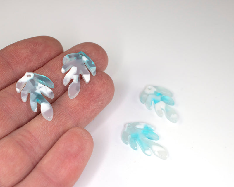 4 x Light Blue and White Acrylic Leaf Charms, 25x16mm (C0574C)